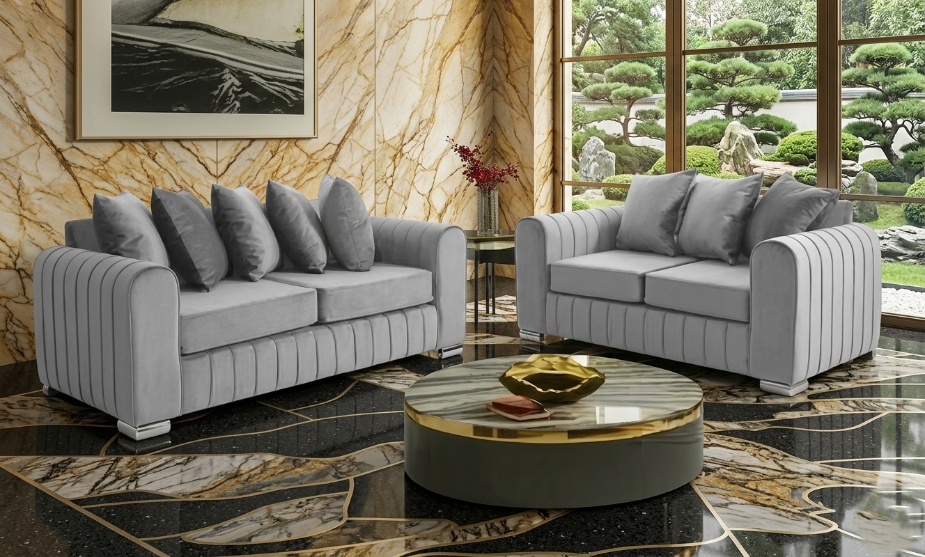 Silver Velvet Vertical Channel Sofa Set