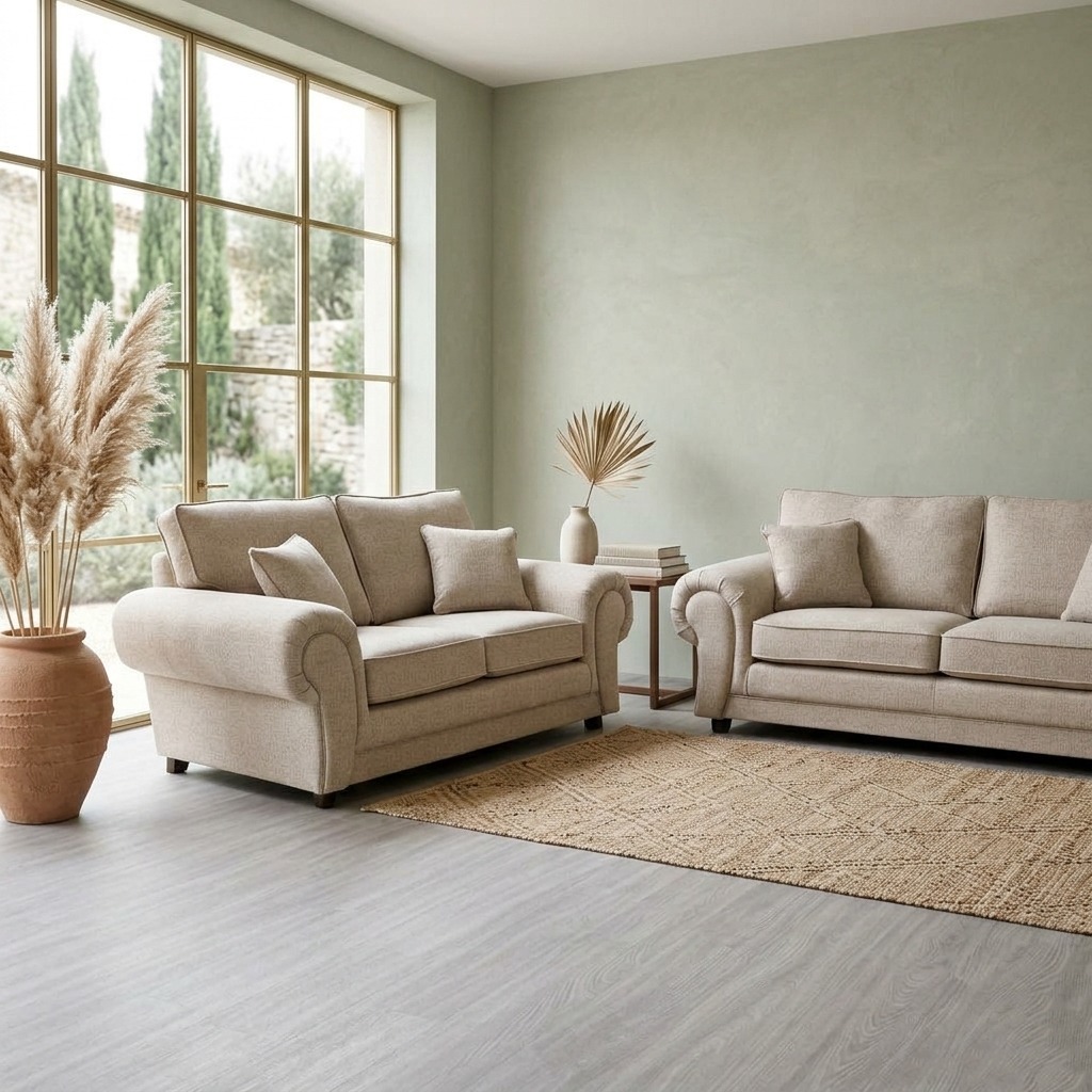 Serene Sand Scroll-Arm Fabric Sofa Set