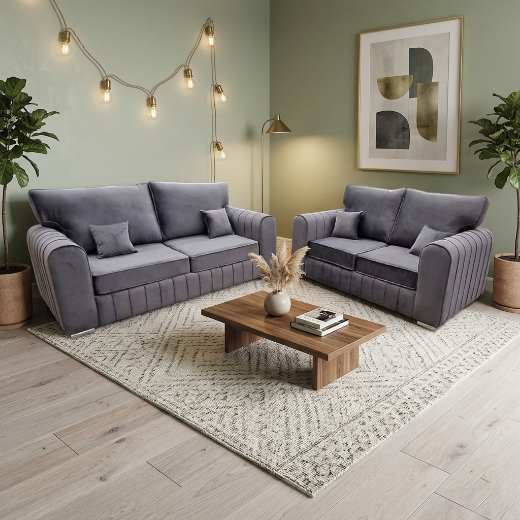 Slate Grey 3+2 Fluted Velvet Sofa Set