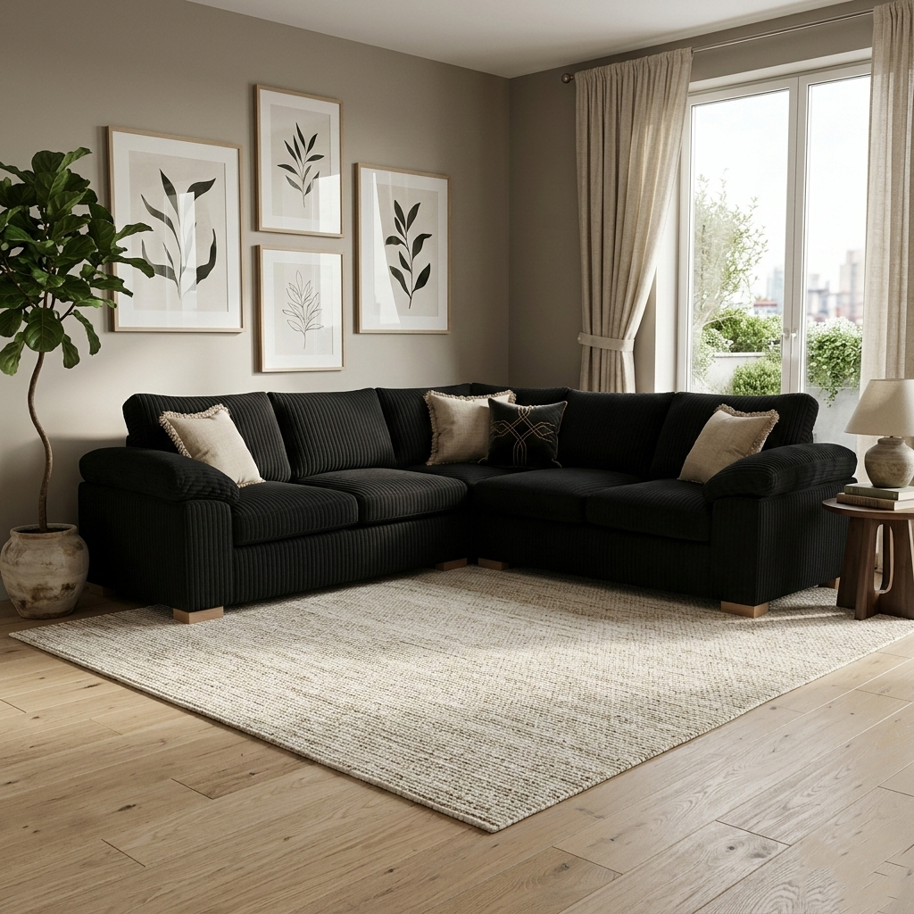 Mid-Century Charcoal Corduroy Corner Sectional