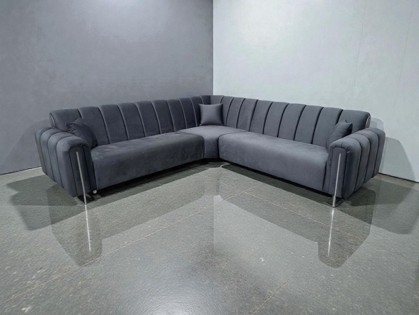 Modern L-Shape Corner Sofa – Grey Velvet