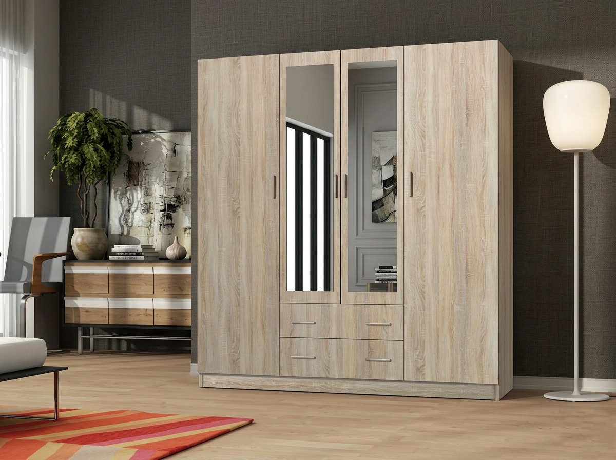 London 4 Door Wardrobe with Mirrors & Drawers