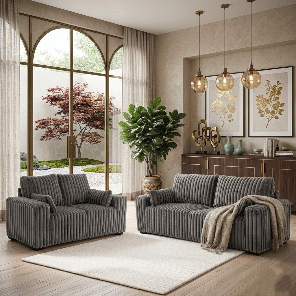 Luxe Ribbed Charcoal Fabric Sofa Set