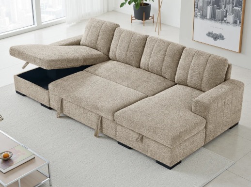 Como Beige U Shape Corner Sofa Bed with Storage