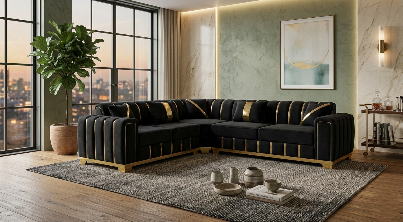 Onyx & Gold Art Deco Corner Sectional