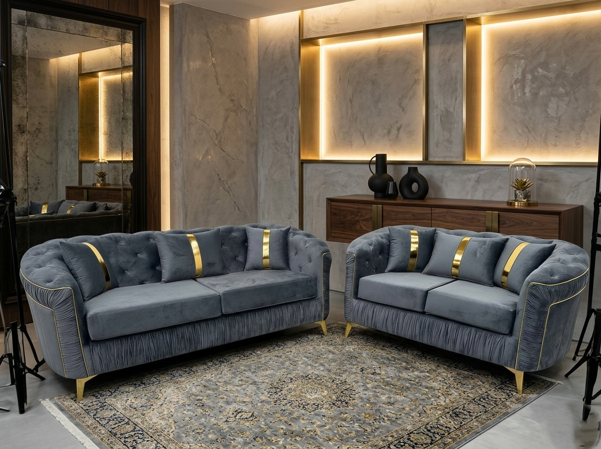 Azure Gold-Inlay 3+2 Velvet Sofa Set