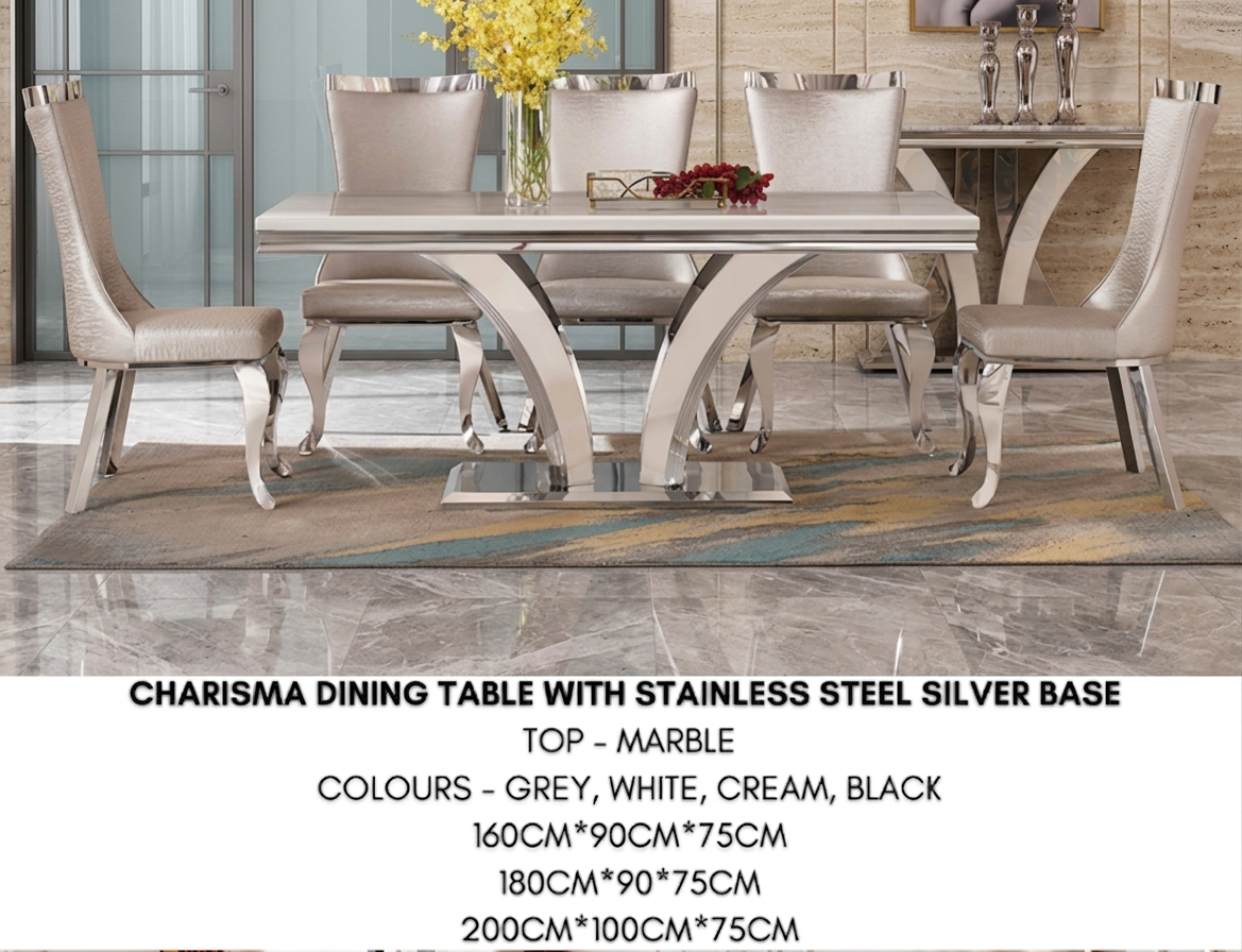 Charisma Luxury Marble Dining Table with Stainless Steel Base