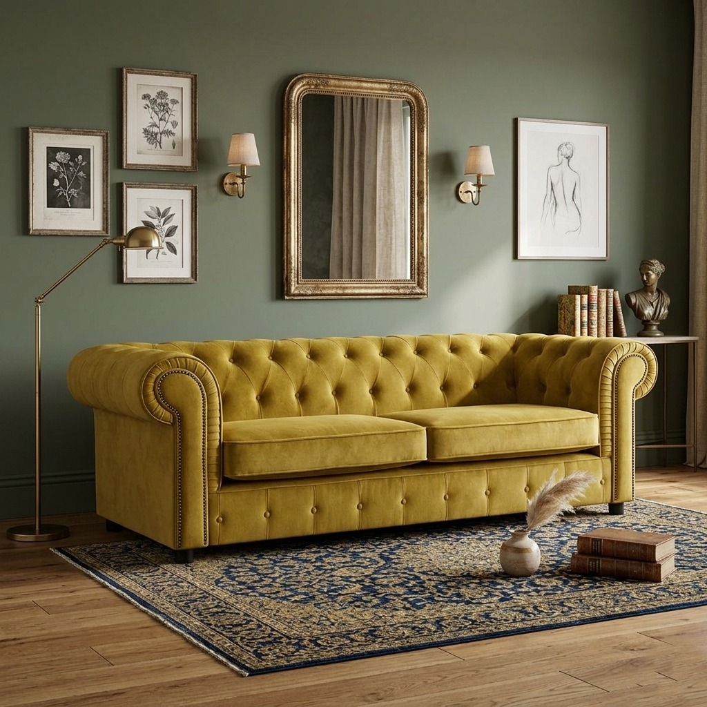 Mustard Velvet Chesterfield 3-Seater Sofa