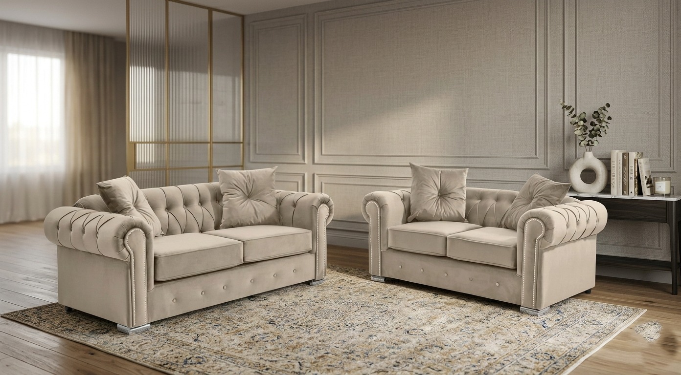 Beige Velvet Chesterfield 3+2 Seater Sofa Set