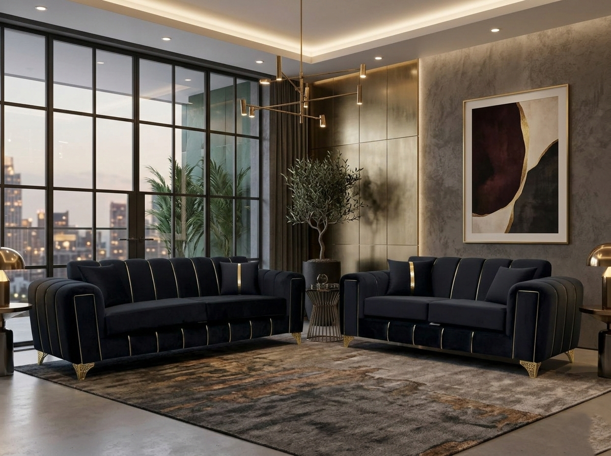 Pearl Fluted Velvet 3+2 Sofa Set