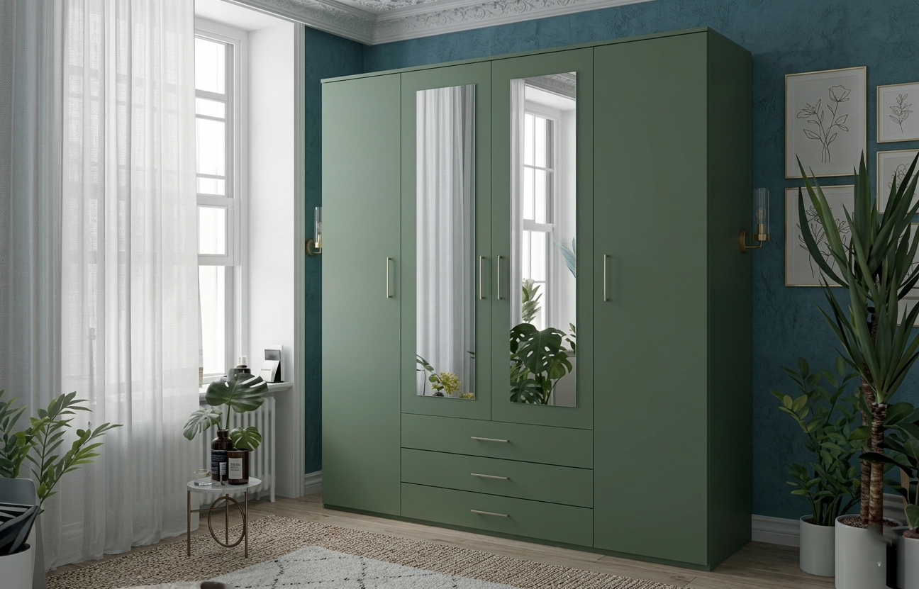 Olaf 4-Door Wardrobe - Matte Sage Green with Mirrors & Gold Handles
