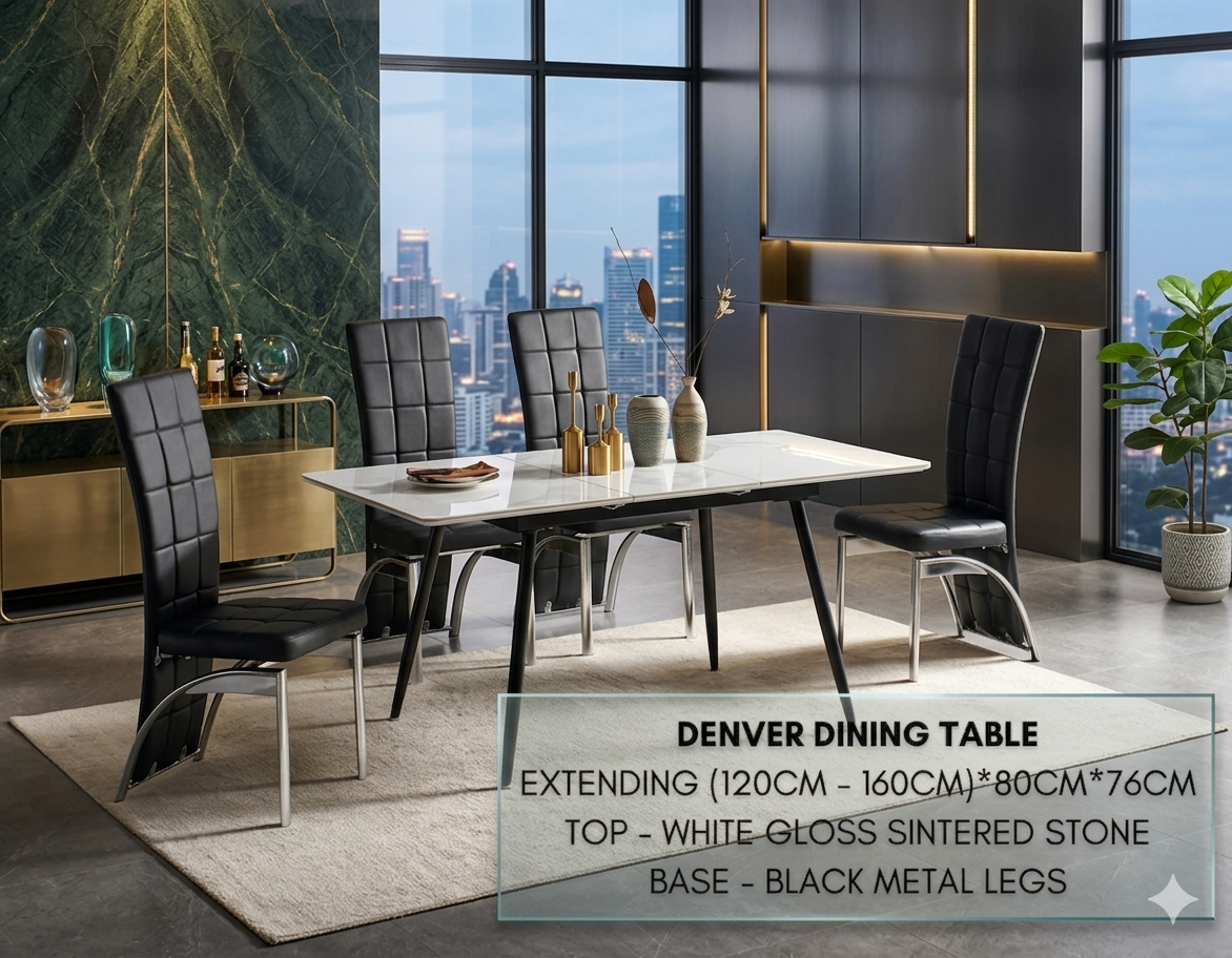 Denver Extending White Gloss Sintered Stone Dining Set